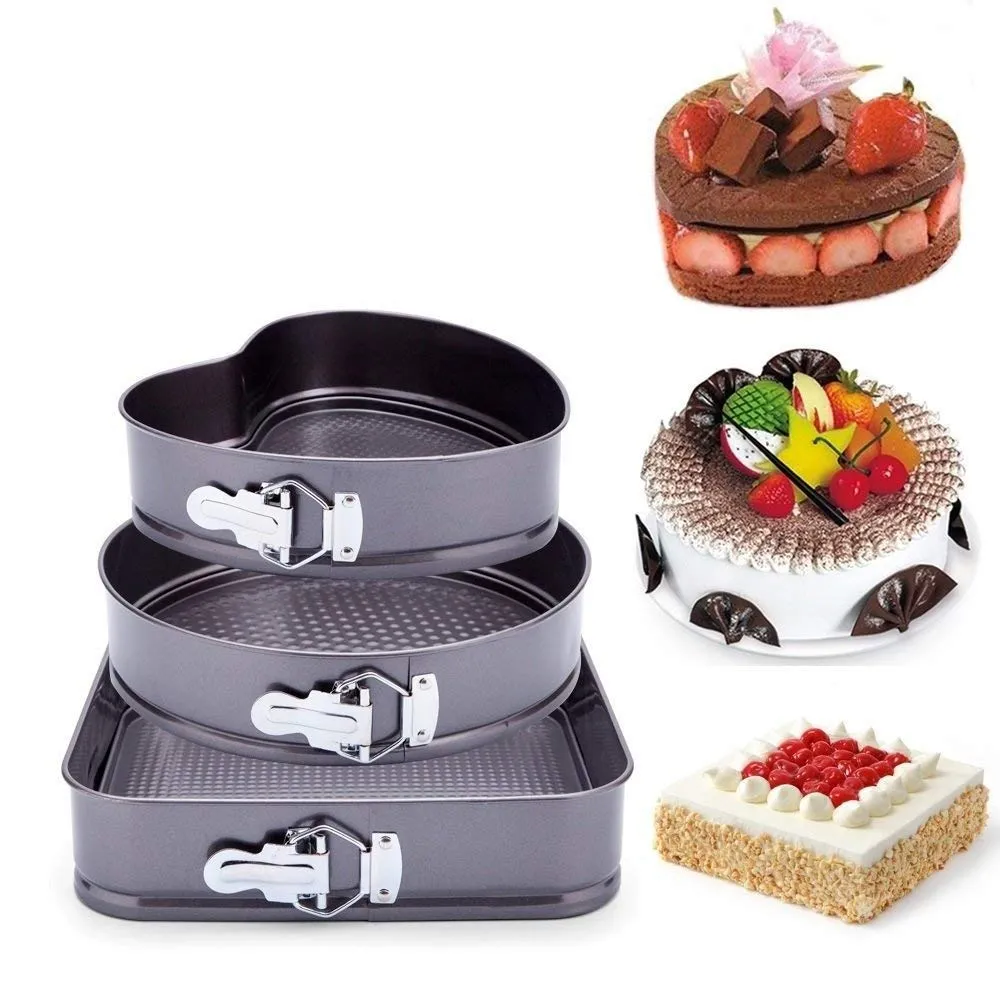 Teflon Coated 3 Pans in Heart, Round, and Square Shaped Cake Moulds  Non-Stick Tins/Pans/Trays with Removable Bottom