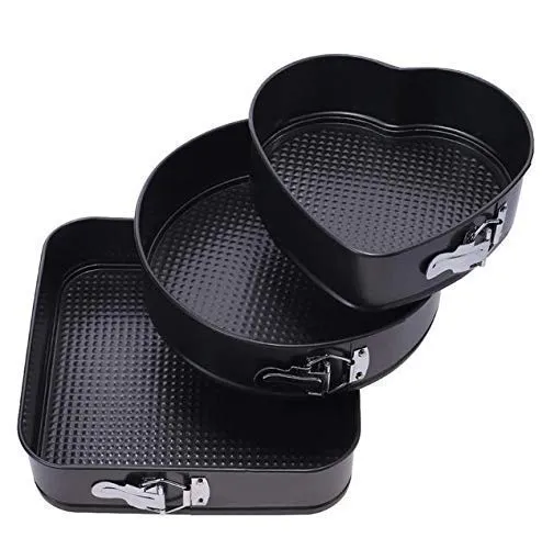 Teflon Coated 3 Pans in Heart, Round, and Square Shaped Cake Moulds  Non-Stick Tins/Pans/Trays with Removable Bottom