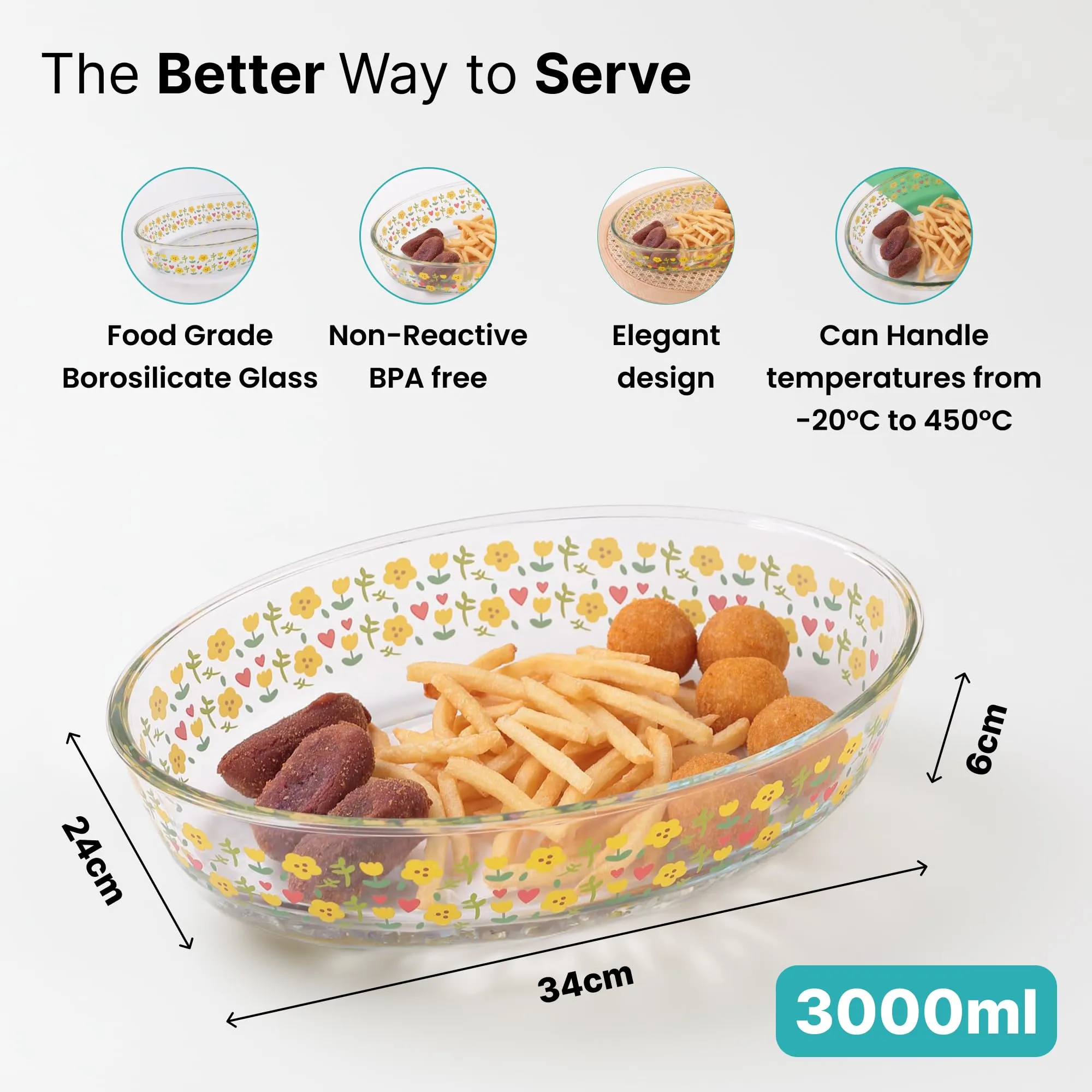 The Better Home Zeno (3L) Borosilicate Glass Baking Tray For Microwave Oven | Baking Dish | Baking Pan | Bake & Serve Dish | Bakeware | Glass Bowl For Microwave | Dishwasher Safe (Printed)