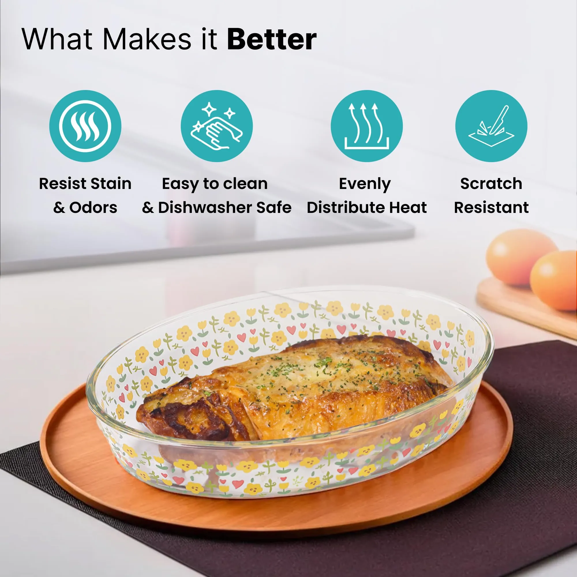 The Better Home Zeno (3L) Borosilicate Glass Baking Tray For Microwave Oven | Baking Dish | Baking Pan | Bake & Serve Dish | Bakeware | Glass Bowl For Microwave | Dishwasher Safe (Printed)