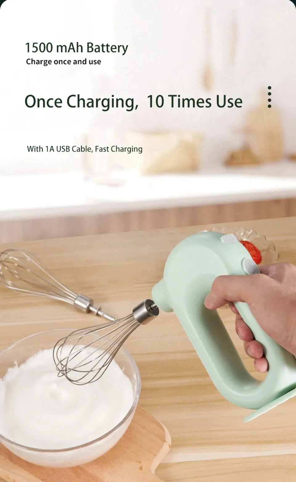 USB Electric Blender Wireless Portable Mixers with 2 Mixing Head Food Mixer Handheld Rechargeable Whisks Dough Stirrer Eggbeater