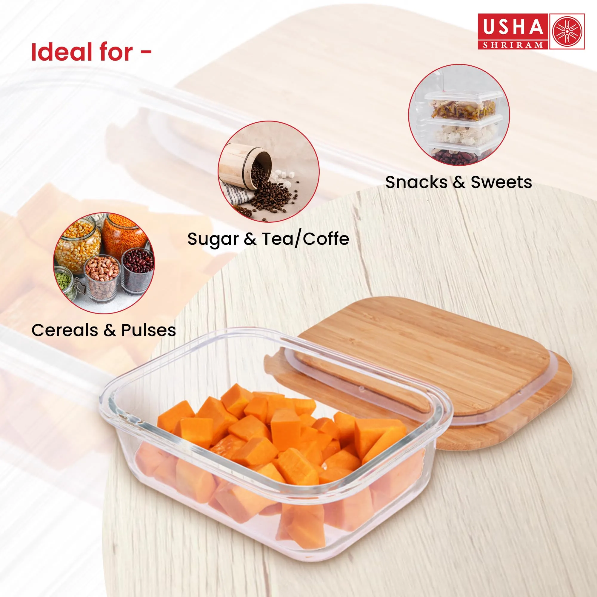 USHA SHRIRAM Borosilicate Baking Tray With Bamboo Lid (3Pcs)| Baking Dish For Microwave Oven | Microwave Oven Safe Baking Pan | Bake & Serve Dish | Square Loaf Baking Dish (Rectangular)