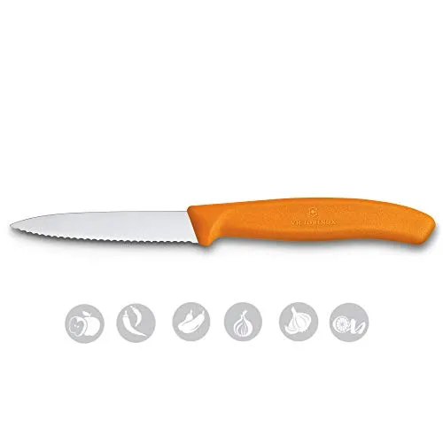 Victorinox Kitchen Knife, Stainless Steel Swiss Made Vegetable Cutting and Chopping Knife, Serrated Edge, 8 cm, Orange