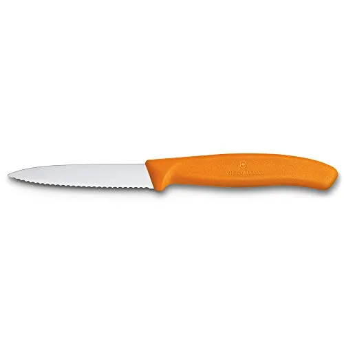 Victorinox Kitchen Knife, Stainless Steel Swiss Made Vegetable Cutting and Chopping Knife, Serrated Edge, 8 cm, Orange