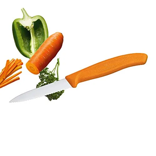 Victorinox Kitchen Knife, Stainless Steel Swiss Made Vegetable Cutting and Chopping Knife, Serrated Edge, 8 cm, Orange